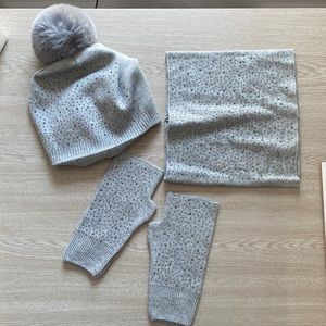 Haute Shore Grey Rhinestone Set: hat, fingerless gloves, neck scarf